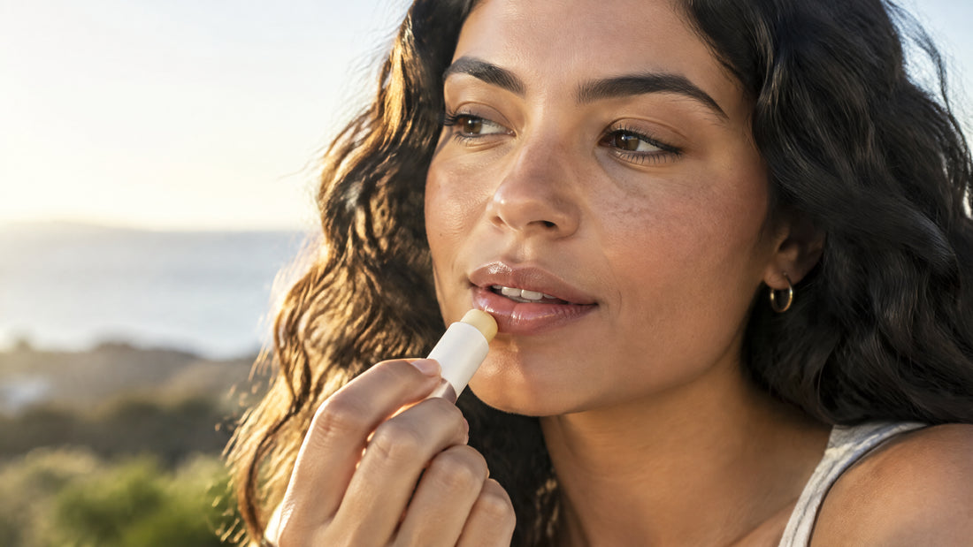 Mulher adulta aplica balm labial em ambiente externo com luz natural, representando cuidado e proteção solar