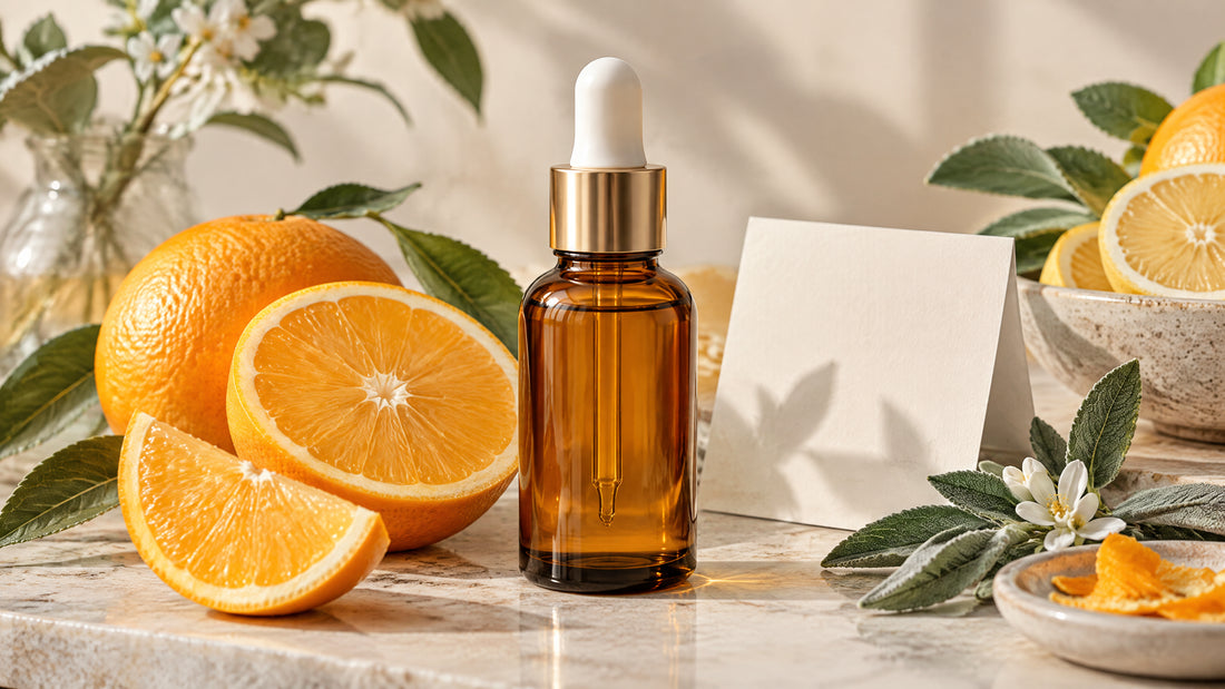 Frasco âmbar de sérum de vitamina C em composição editorial com laranjas e luz natural