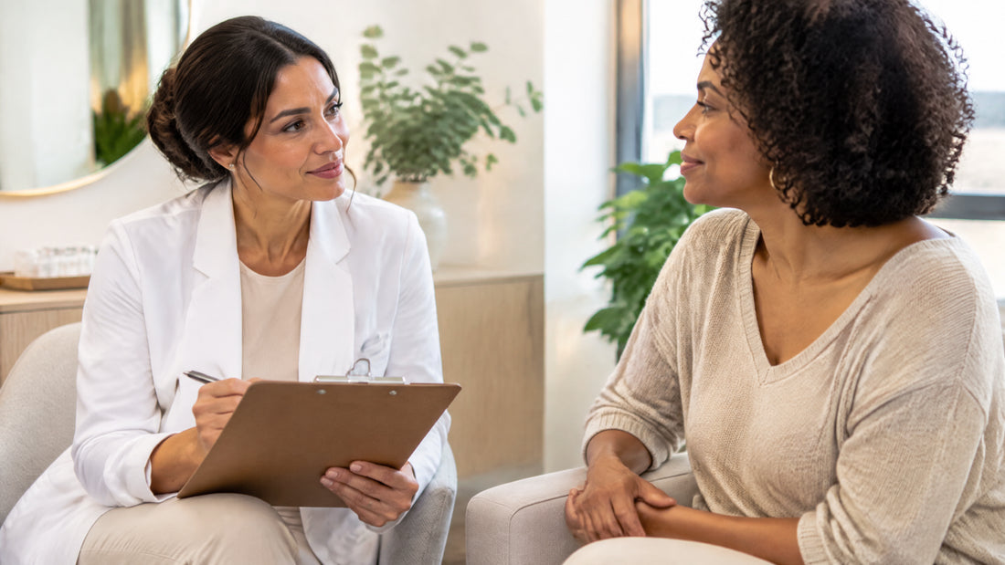 Profissional e cliente adultas conversam em uma consulta estética acolhedora sobre planejamento individualizado
