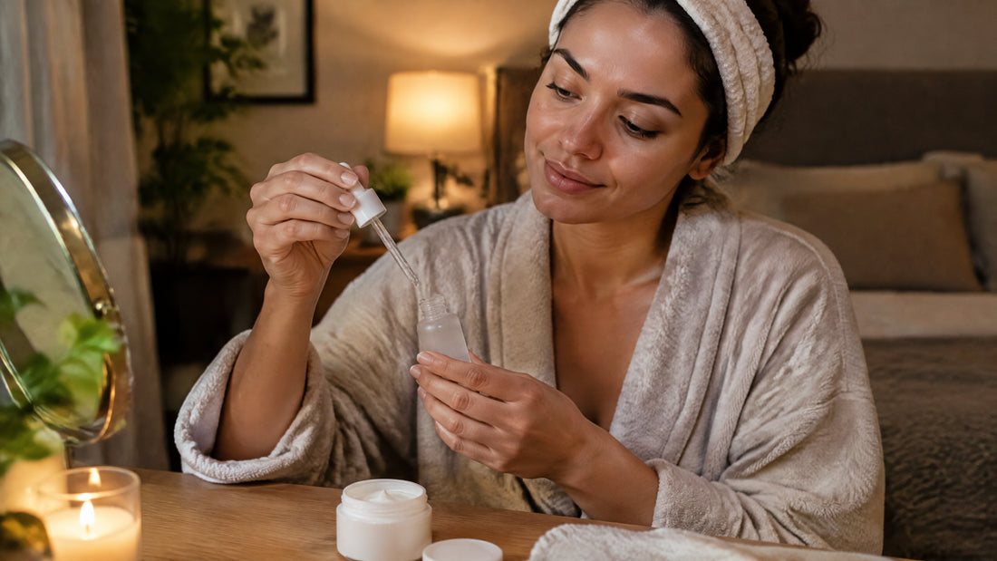 Mulher adulta organiza uma rotina noturna de skincare com sérum cosmético e hidratante em ambiente acolhedor.