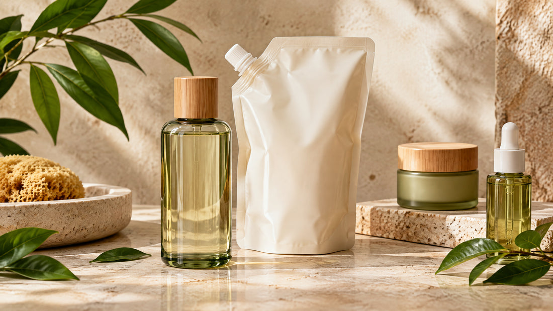 Embalagens refiláveis de skincare sobre bancada clara, representando sustentabilidade, reutilização e escolhas conscientes.