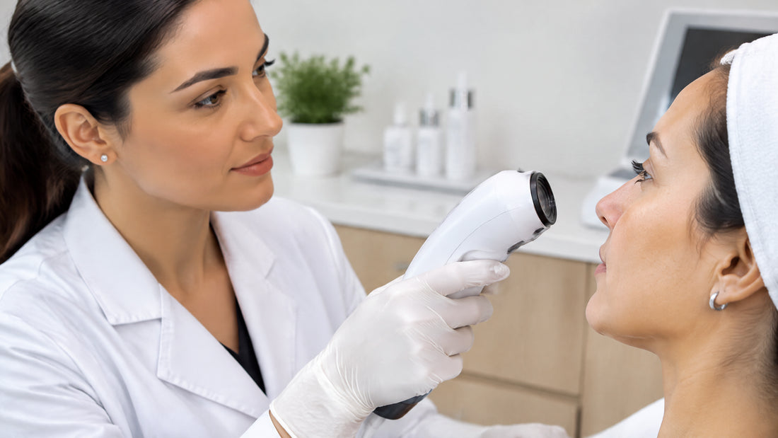 Profissional de saúde realiza uma avaliação facial com instrumento mantido afastado da pele em ambiente claro e seguro