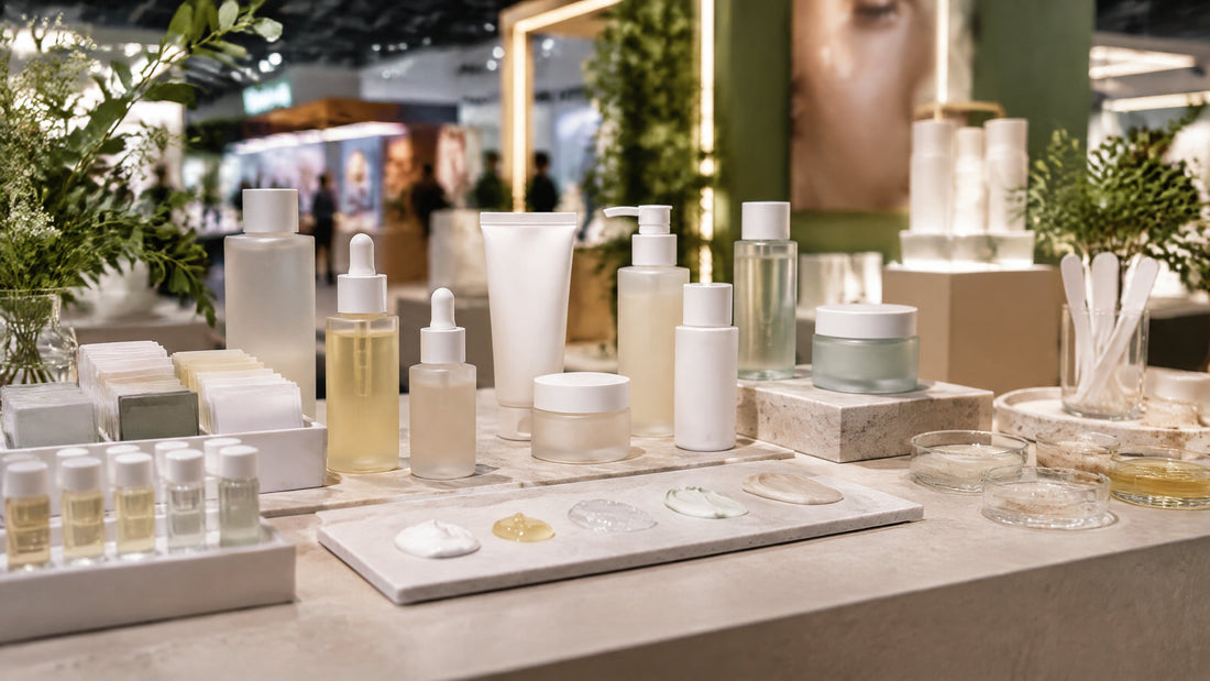 Bancada editorial de cosméticos e texturas representando tendências e inovação no mercado de beleza.