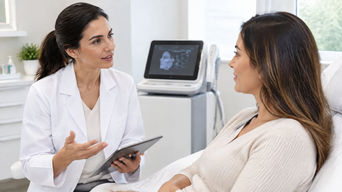 Profissional e cliente adultas conversam sobre Ultrassom Microfocado em uma consulta estética focada em avaliação e segurança.
