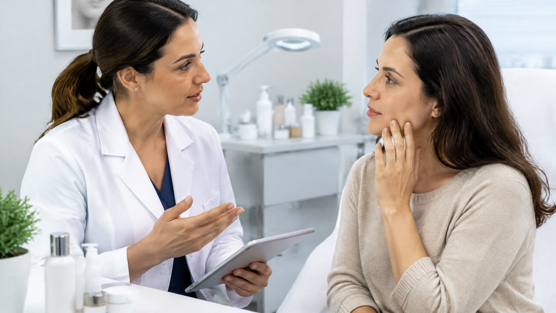 Profissional e cliente adultas conversam sobre avaliação e segurança em cuidados estéticos da pele