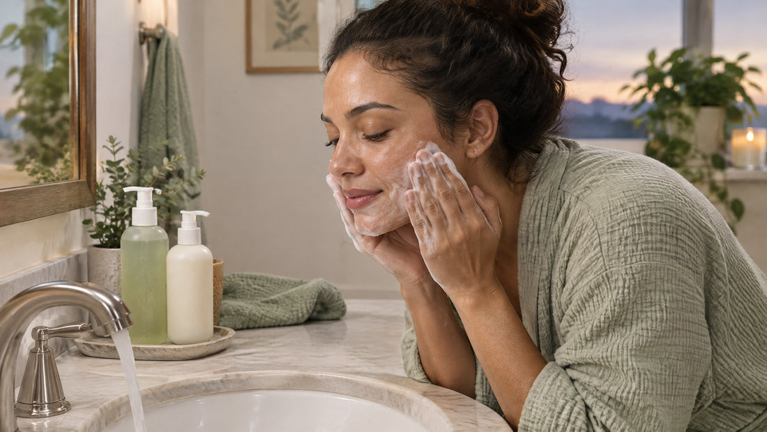 Mulher adulta realiza limpeza suave do rosto em banheiro iluminado, com produtos de skincare sem marcas visíveis.