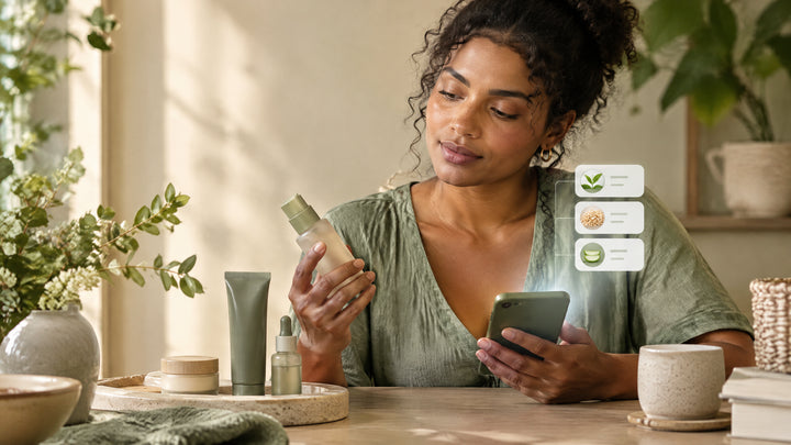 Mulher adulta avalia cosméticos com apoio de uma ferramenta digital em ambiente natural e acolhedor